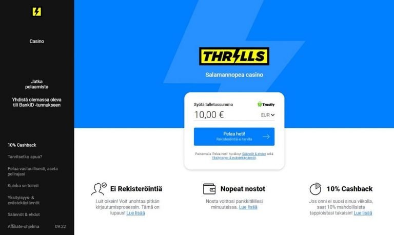 Thrills Casino tarjoaa pelejä ilman rekisteröitymistä.