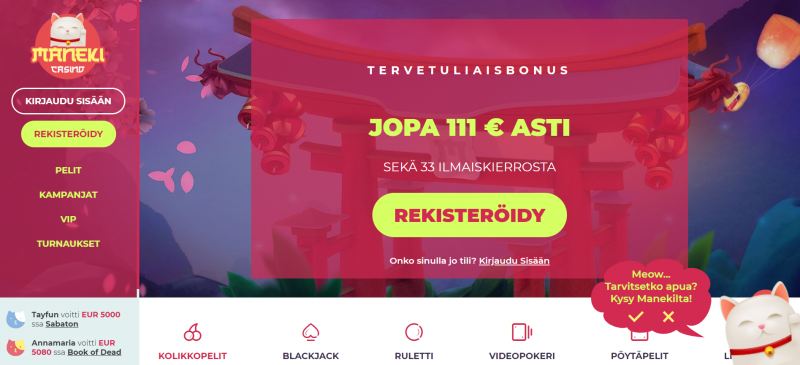 Maneki Casino - Nappaa 33 ilmaiskierrosta ja 111€ bonusrahaa!