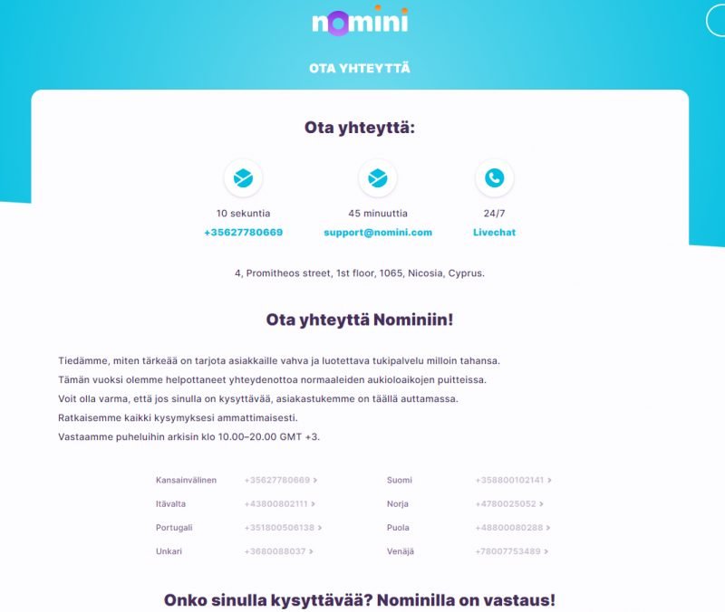 nomini casino asiakaspalvelu live chat puhelin sähköposti