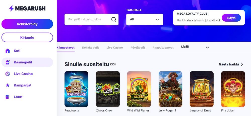 megarush casino pelivalikoima