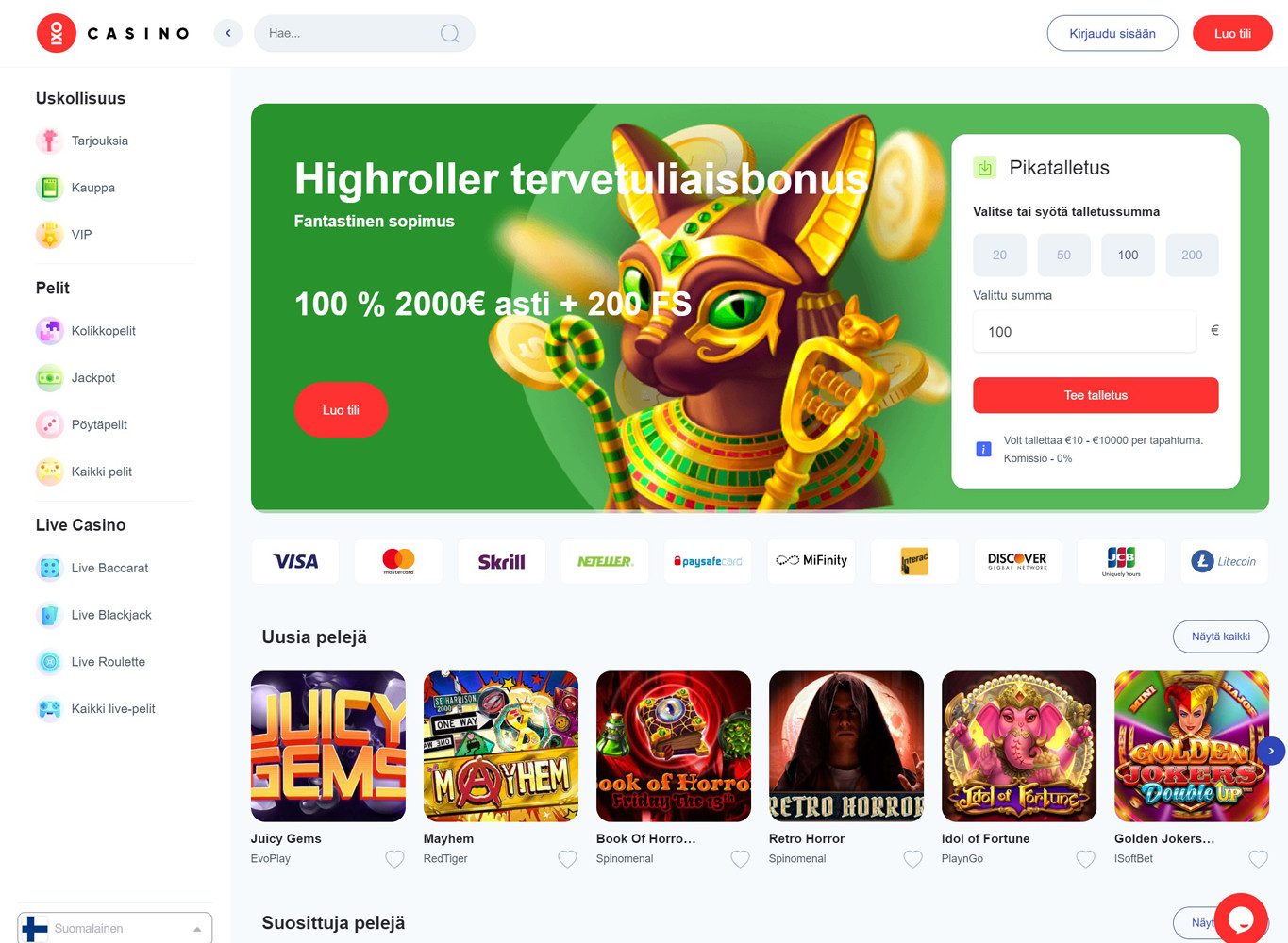 Oxi Casino etusivun kuvakaappaus